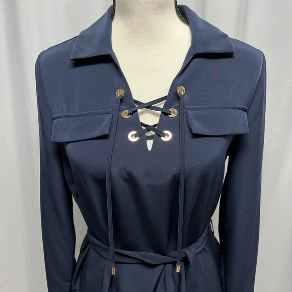 Calvin Klein Navy Blue Lace-Up Belted Shirt Dress Size 8 - Picture 4 of 12